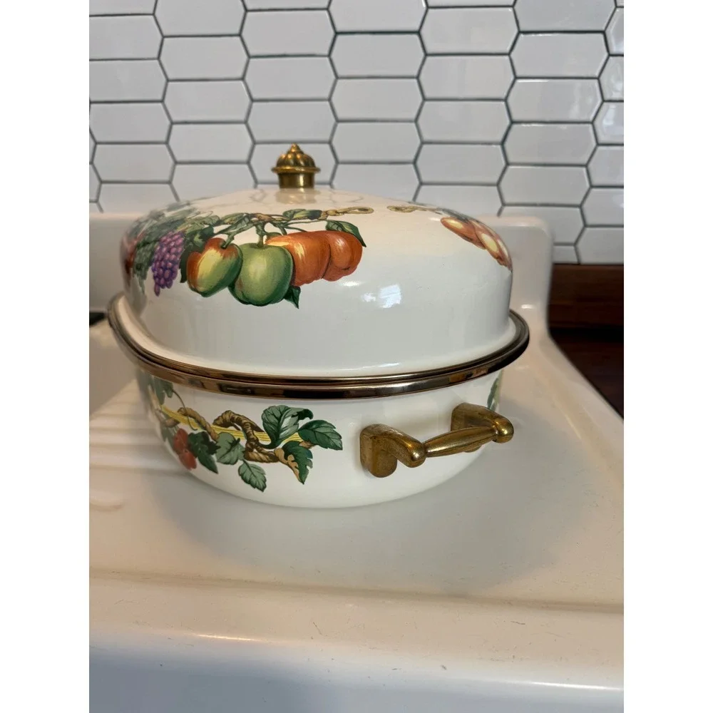 Vintage Fruit Motif Enamelware Roasting Pan with Lid and Rack Brass Handles - Picture 2 of 12